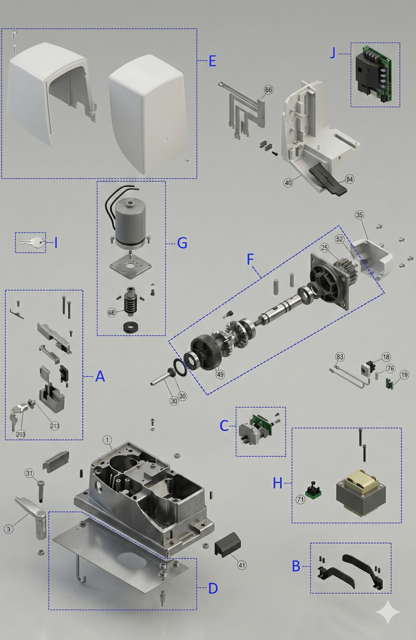 Otomatik kapı motoru patlatılmış yedek parça resmi