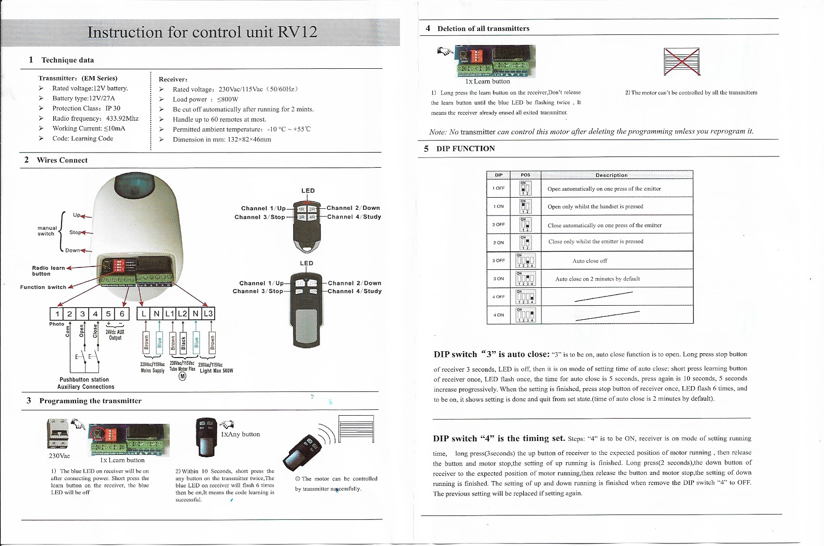 Powerate RV12 Kepenk Alıcı Kumanda Set (2 Kumanda ve Kablo Dahil) Tüp Motor Alıcı+Kumanda Seti